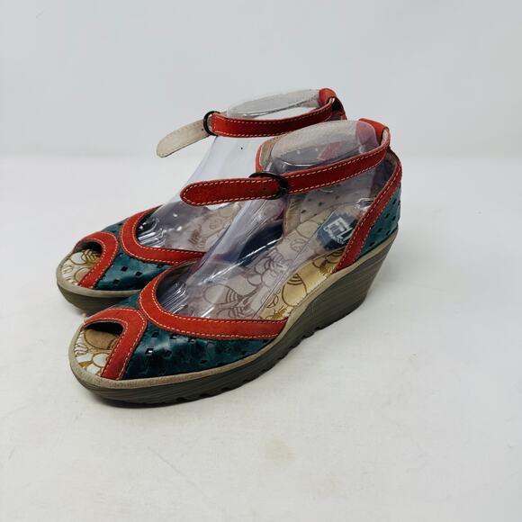 Fly London Ydel Teal and Red Leather Wedge Sandals Size 39 - Picture 13 of 13